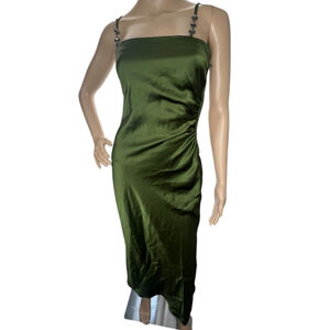 ZARA Green Satin Long Dress With Rhinestone Spaghetti Straps